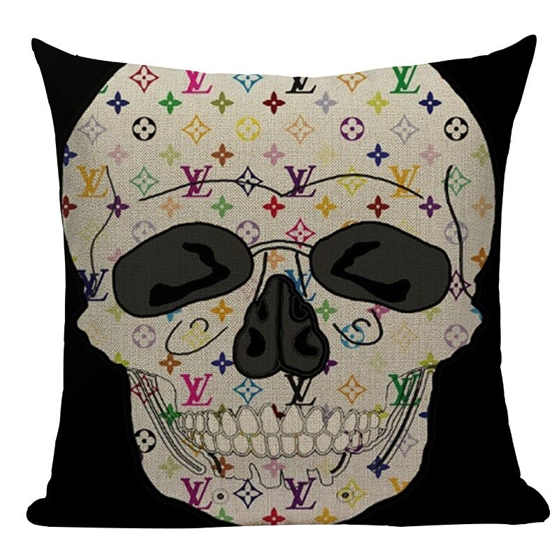 Skull printed decorative pillowcase on black background with colorful luxury brand design.