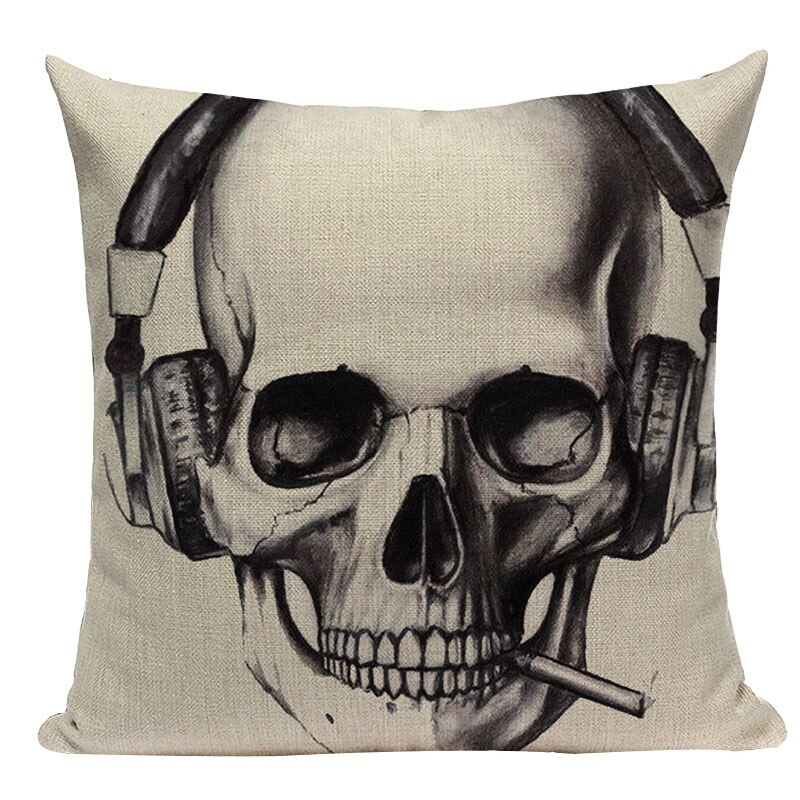 Decorative skull pillowcase with headphones and cigarette, perfect for edgy home decor.