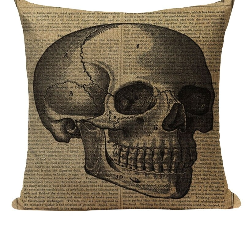 Decorative skull print pillowcase on linen, featuring a hidden zipper for stylish room decor.