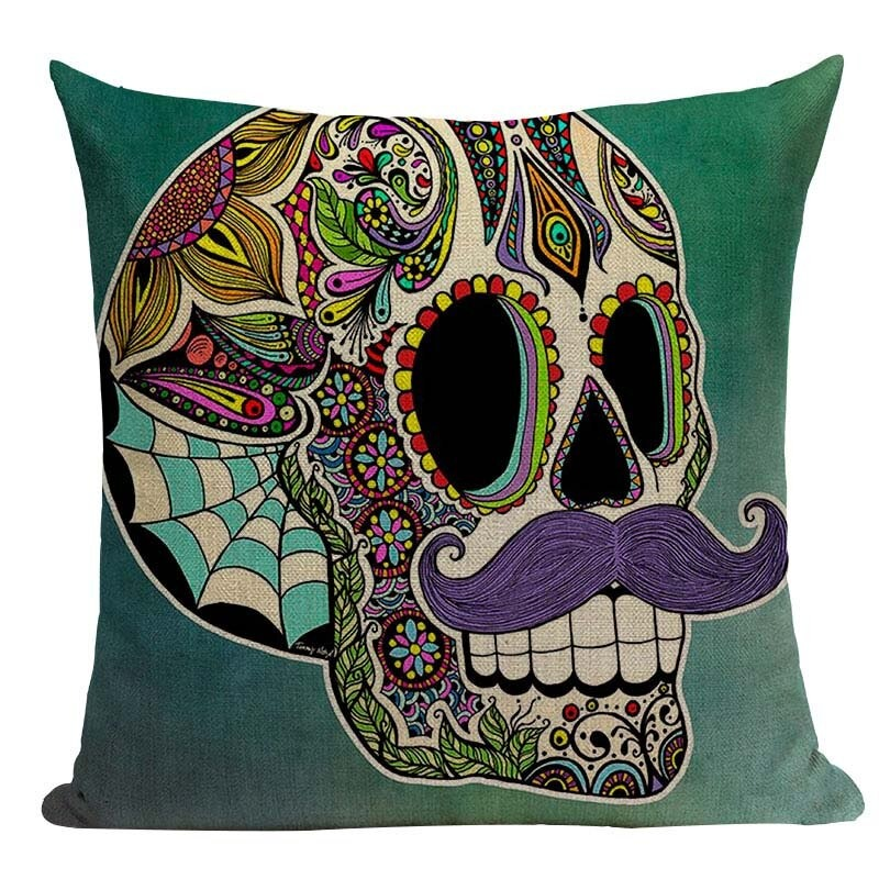 Colorful skull printed decorative pillowcase with intricate designs, perfect for unique home decor.