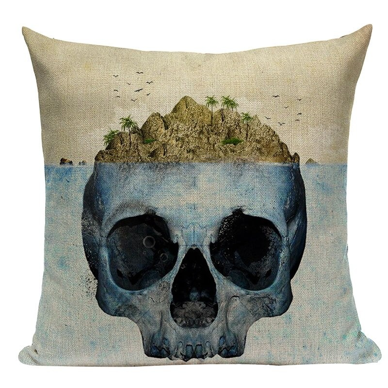 Decorative pillowcase featuring a skull design with an island landscape, adding a unique touch to your decor.