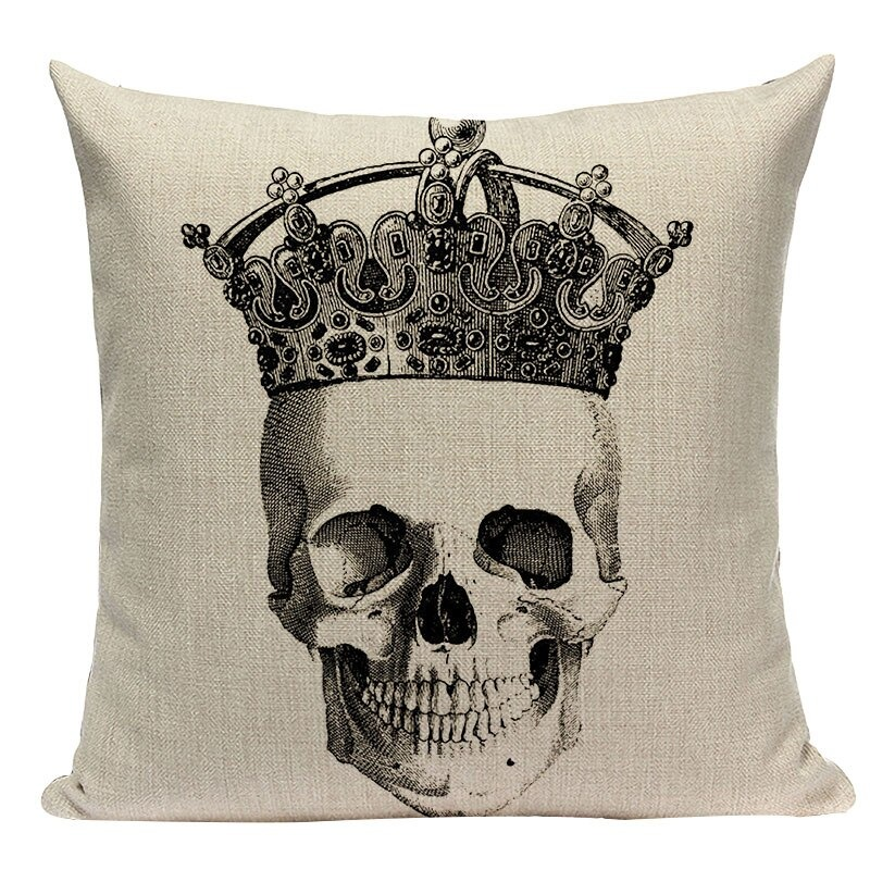 Decorative linen pillowcase featuring a skull design with a crown, perfect for unique room decor.
