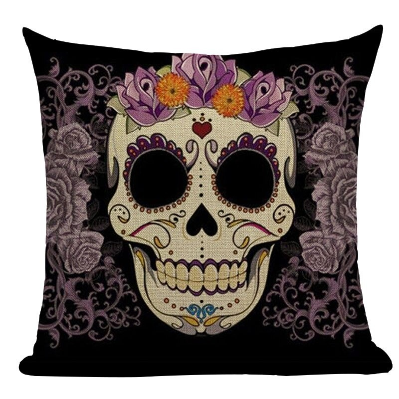 Decorative skull printed pillowcase with floral accents, ideal for unique room decor.