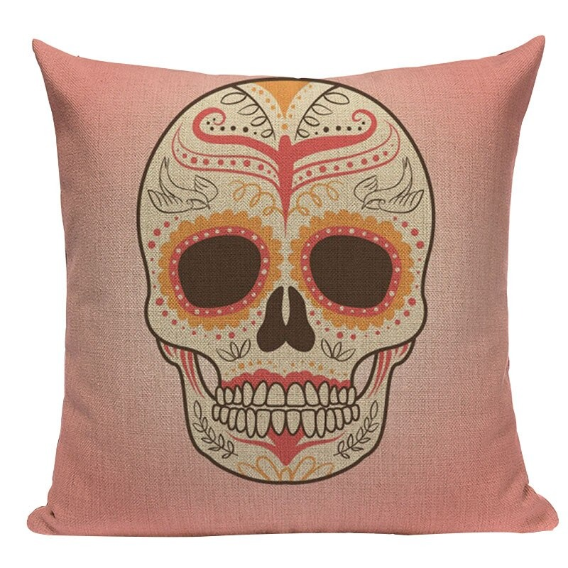 Decorative linen pillowcase featuring a colorful skull print for unique room decor.