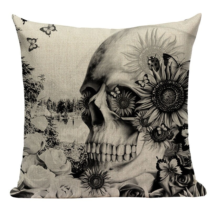 Decorative pillowcase featuring a skull design and floral accents, perfect for adding a unique touch to your home decor.