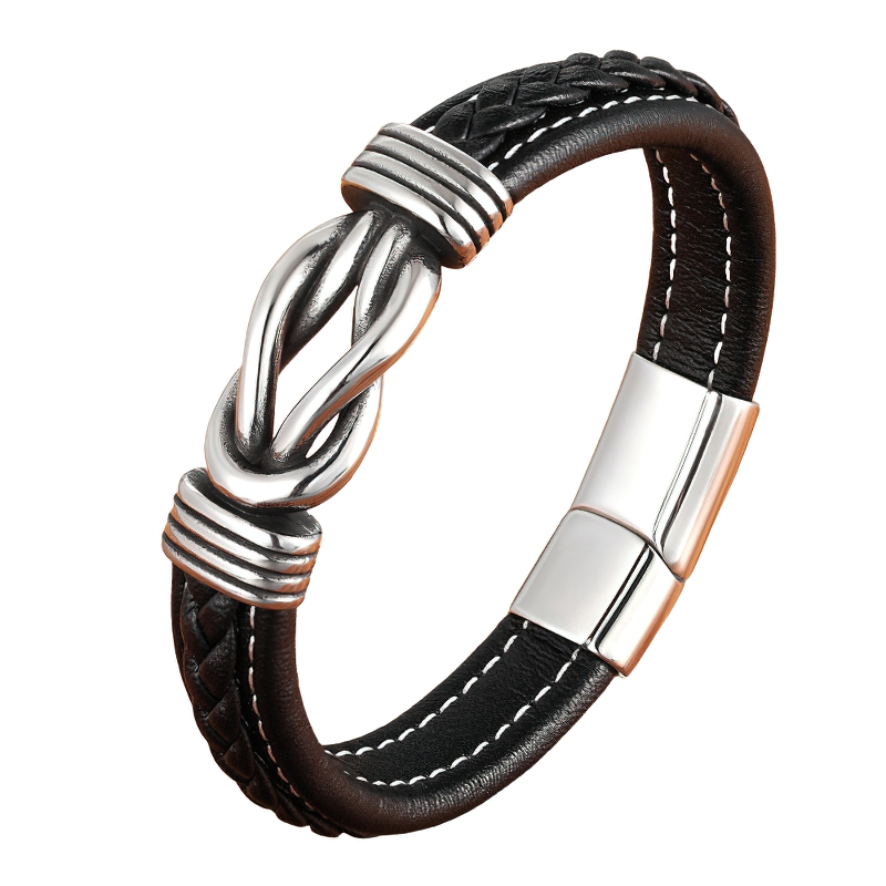 Deluxe men's leather bracelet with stainless steel clasp and stylish knotted design, perfect for trendy fashion lovers.