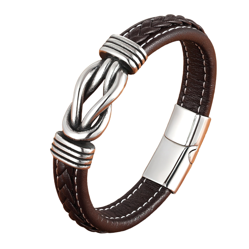 Deluxe men's leather bracelet with stainless steel clasp, featuring a trendy irregular graphic design and braided detail.