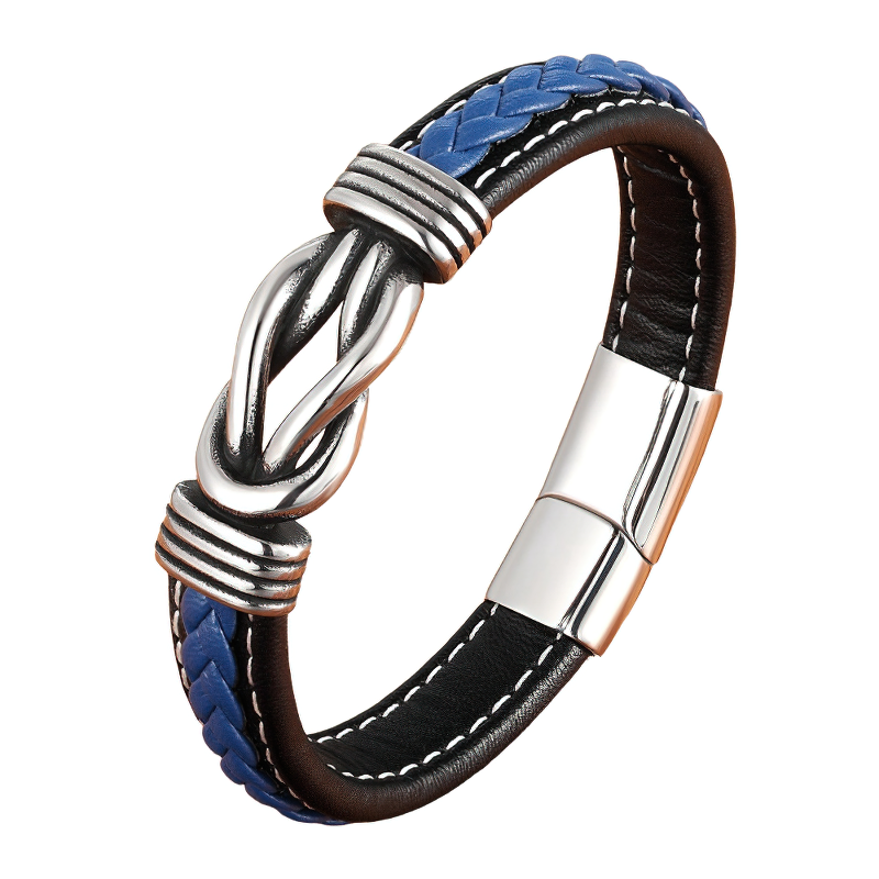 Trendy men's leather bracelet with blue braided design and stainless steel clasp, featuring an eye-catching irregular pattern.