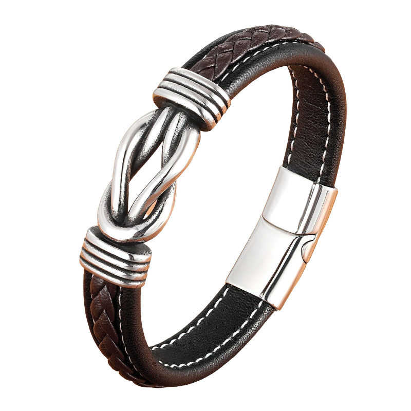 Stylish men's leather bracelet with stainless steel clasp and unique braided design, perfect for trendy fashion aficionados.