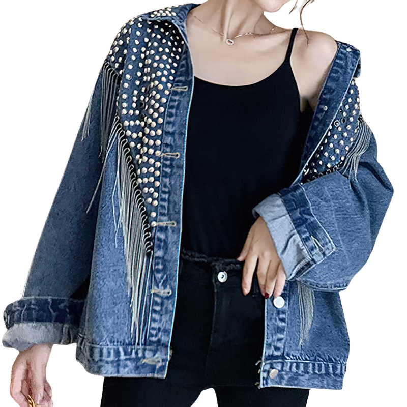 Denim Women's Jacket With Tassel And Rivet / Stylish Casual Streetwear - HARD'N'HEAVY