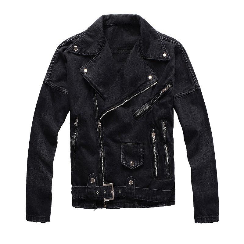 Black denim punk motorcycle jacket with zippered pockets and hip belt for stylish streetwear.