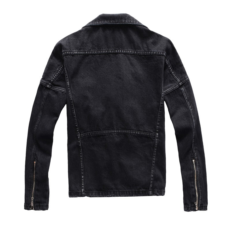 Back view of a men's black denim punk jacket with trendy zippers, perfect for streetwear and motorcycle fashion.