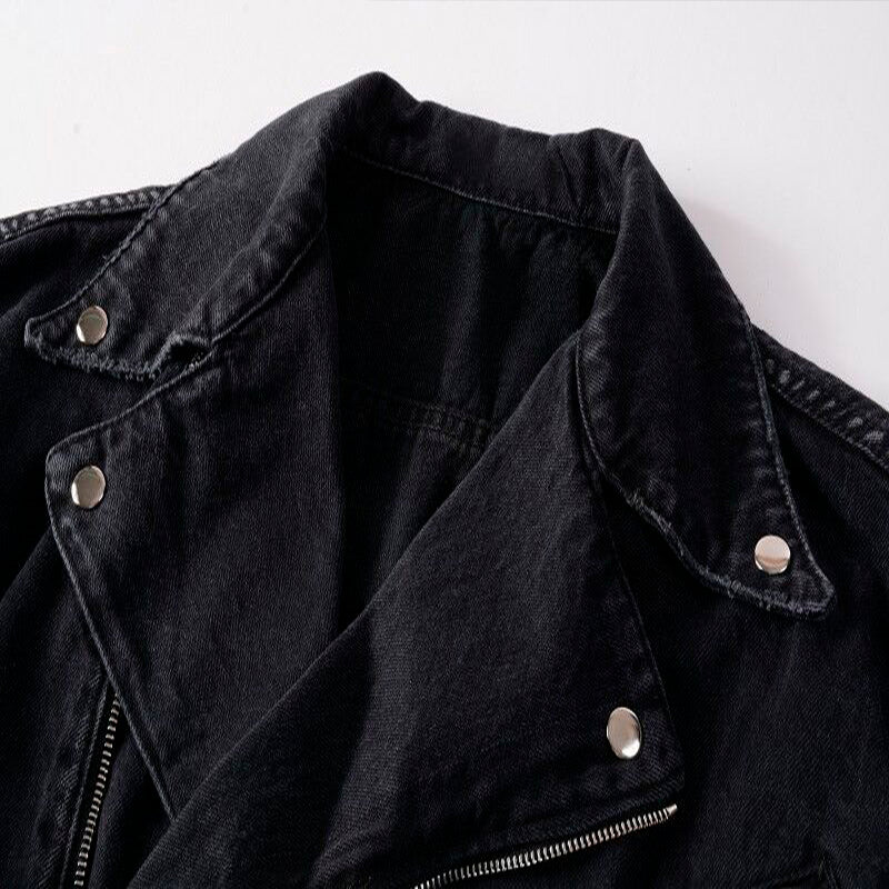 Stylish black denim punk jacket with metal rivets and side zip, perfect for streetwear and motorcycle fashion.