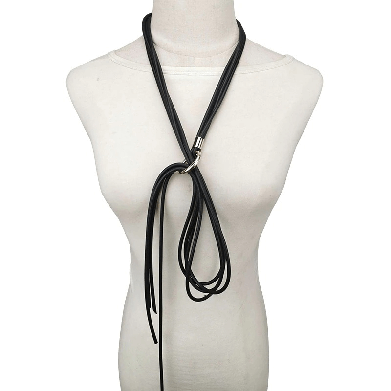 Handmade black rubber necklace for women, featuring a gothic design and stylish long tassel detail.