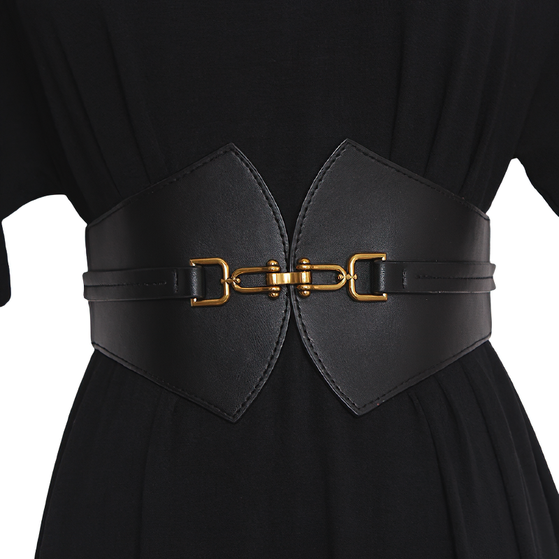 Trendy designer PU leather wide belt for women with gold metal accents, perfect for vintage corset style outfits.