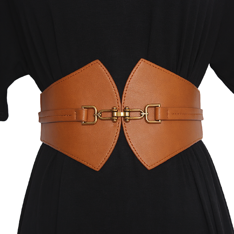 Trendy designer PU leather wide corset belt for women with gold metal accents, perfect for vintage-style outfits.