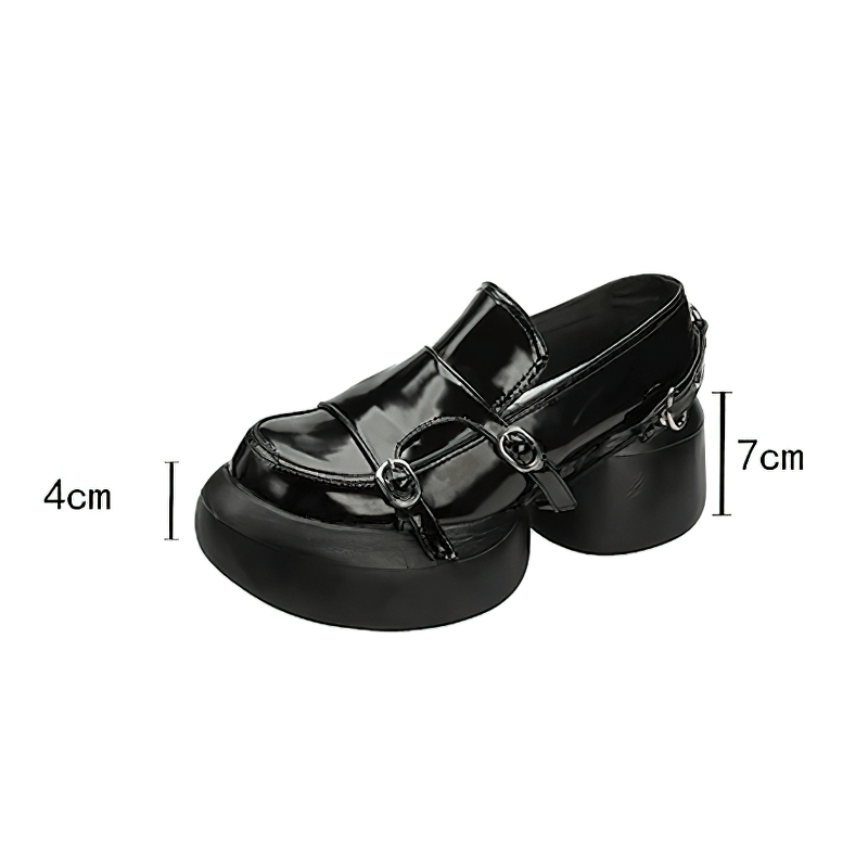Stylish black patent leather loafers with buckles in punk style, showcasing 4cm heel height and 7cm platform.