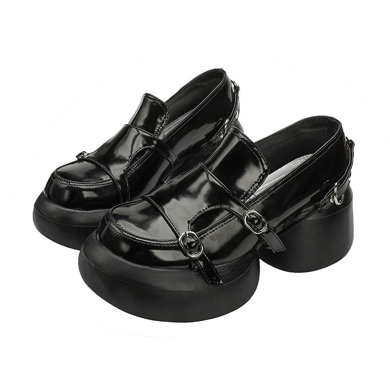 Designer Round Heels Black Loafers with Buckles / Patent Leather Shoes in Punk Style