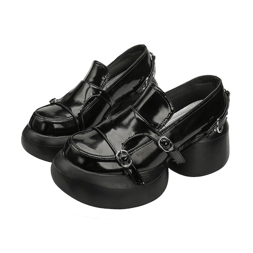 Mocassins noirs à talons ronds de créateur avec boucles / chaussures en cuir verni de style punk