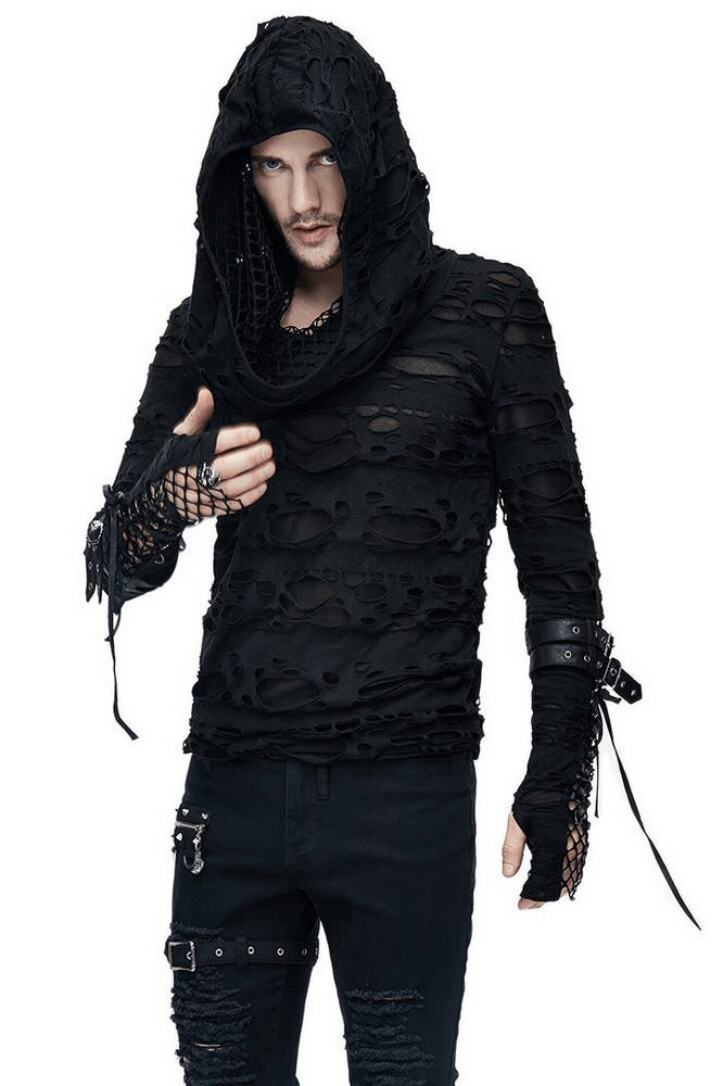 Gothic long sleeve hoodie for men featuring a distressed design and unique hood for retro rock style.