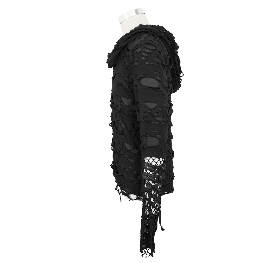 Side view of a gothic black long sleeve hoodie with ripped design, perfect for a daring fashion statement.