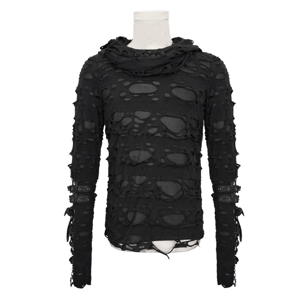 Devil Fashion Gothic black long sleeve hoodie with distressed design, ideal for stylish Gothic men, showcasing edgy fashion.