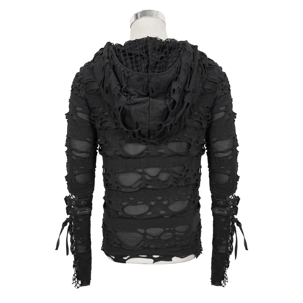 Back view of a gothic black long sleeve hoodie with ripped design, perfect for edgy casual wear.