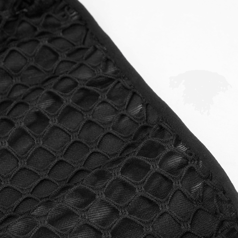 Close-up of black mesh fabric, showcasing breathable material ideal for gothic long sleeve hoodie.