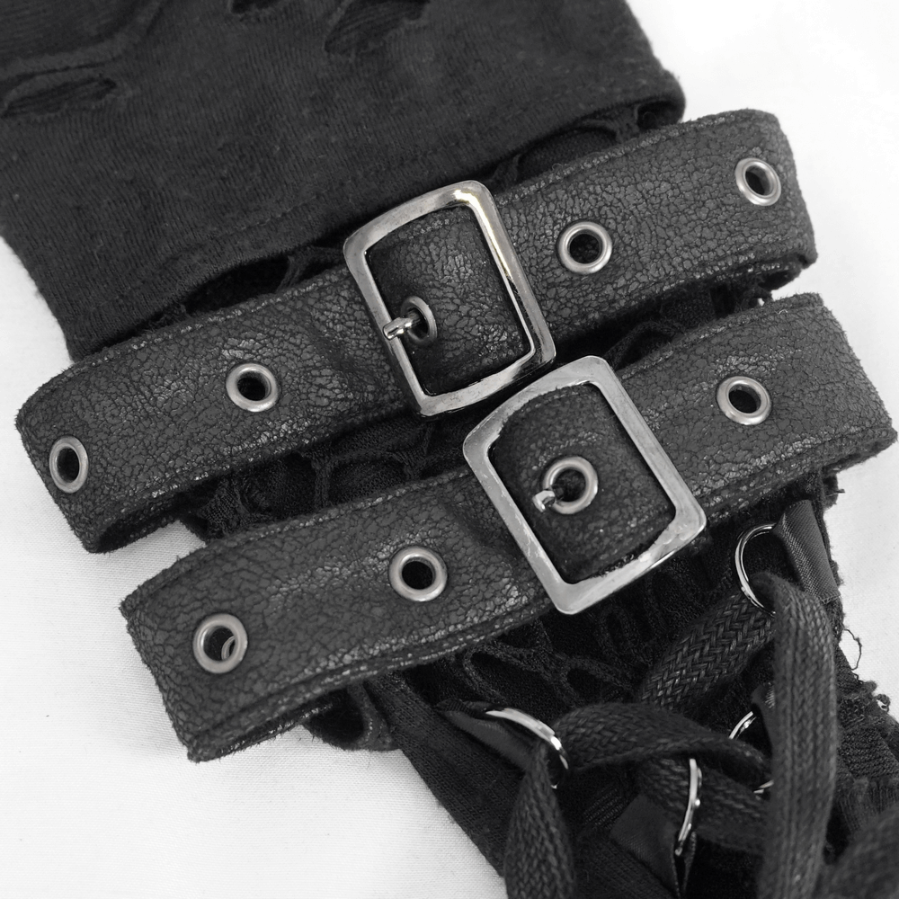 Close-up of black gothic long sleeve hoodie details featuring stylish buckles and lacing for a retro rock look.