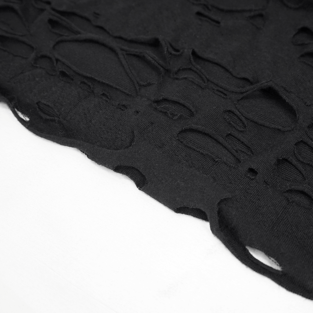 Close-up of black gothic long sleeve hoodie fabric with unique cutout design, perfect for a bold, retro look.