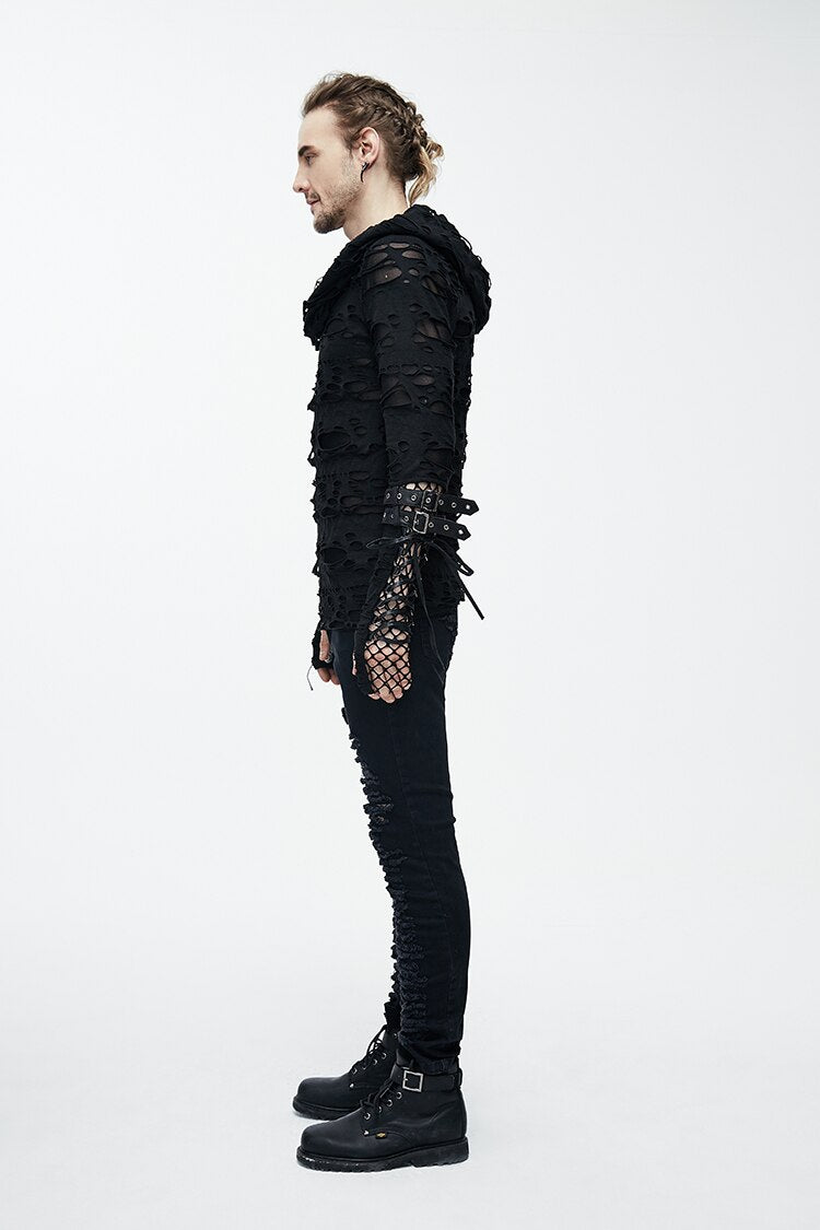 Gothic long sleeve hoodie in black, featuring trendy shredded design and stylish fishnet gloves, perfect for rock fashion.