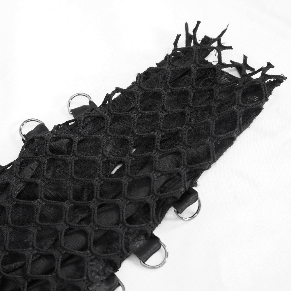 Close-up of gothic black mesh fabric with rings, perfect for a retro rock style in men's fashion.
