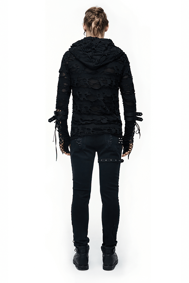 Back view of a man wearing a black gothic long sleeve hoodie with a unique distressed design, paired with slim dark pants.