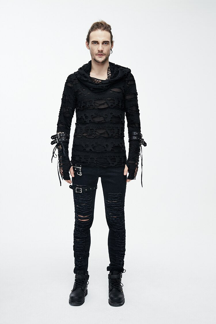 Men's gothic long sleeve hoodie in black with distressed detail, paired with ripped black jeans, showcasing a stylish rock look.