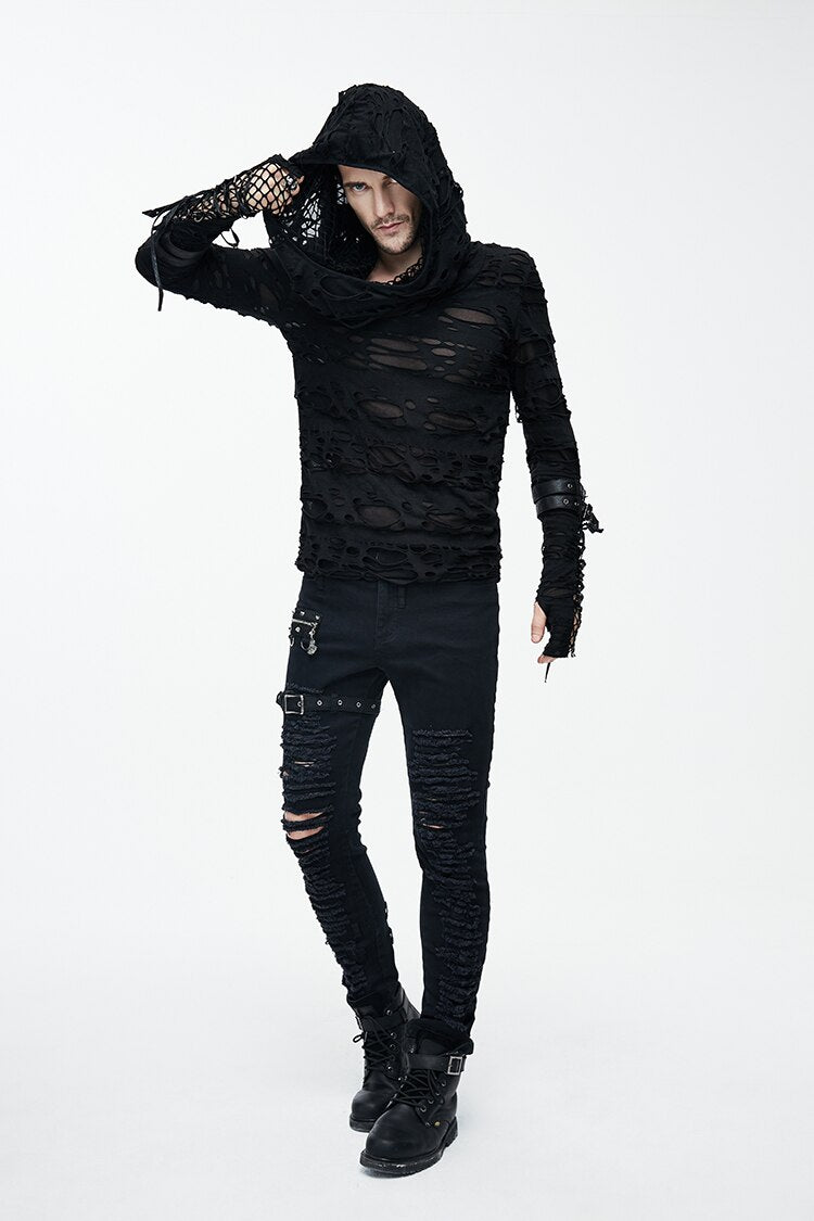 Gothic long sleeve hoodie for men with a distressed look, perfect for casual rock style. Quality gothic fashion in black.