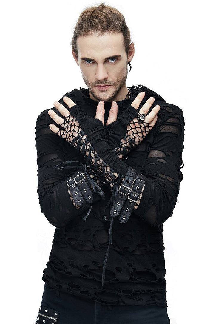 Men's Gothic long sleeve hoodie with shredded design and fishnet gloves for a striking rock look.