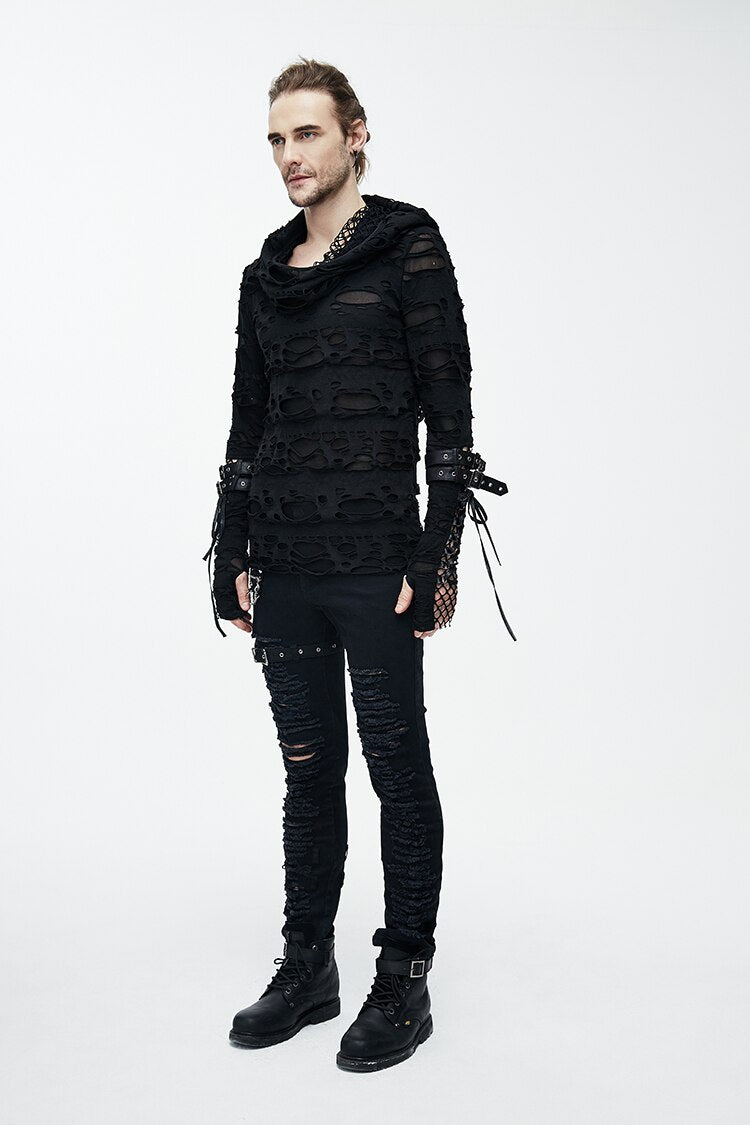 Gothic black long sleeve hoodie with shredded design, styled for men, showcasing a casual rock look.