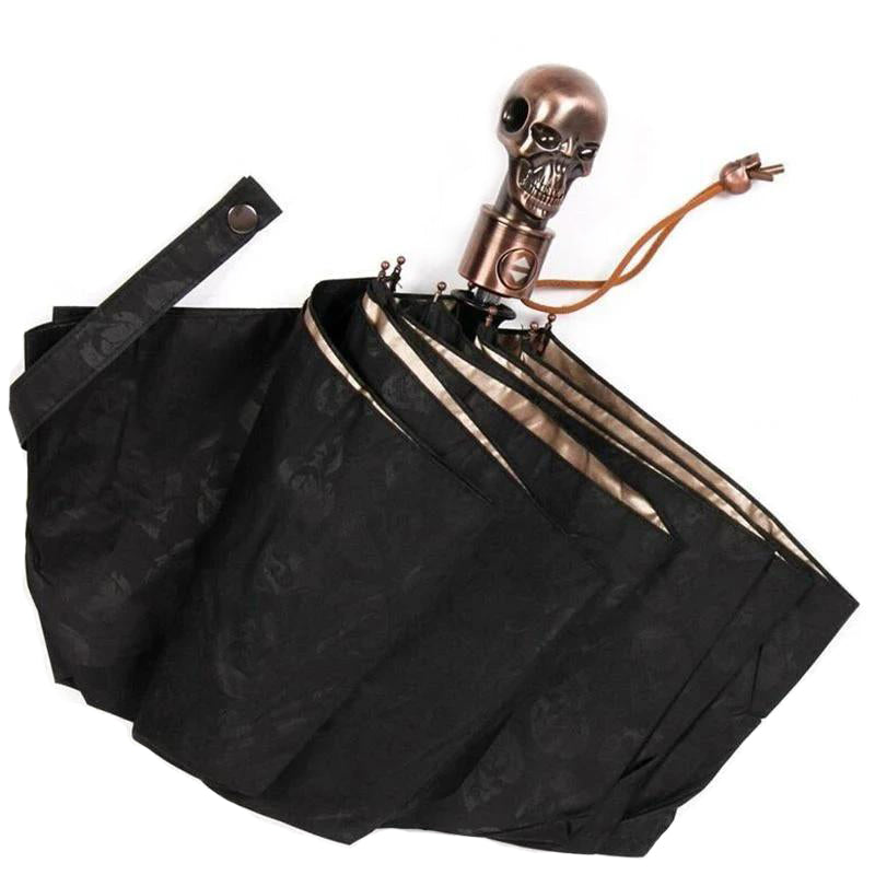 Devil Skull Handle Umbrella fully automatic, stylish black design, perfect for rain and sun protection.