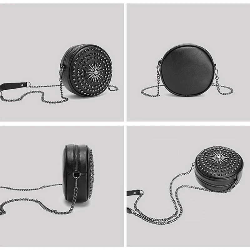 Diamonds circular bag for women with rivets, adjustable chain strap, in gothic rock style, PU leather design.