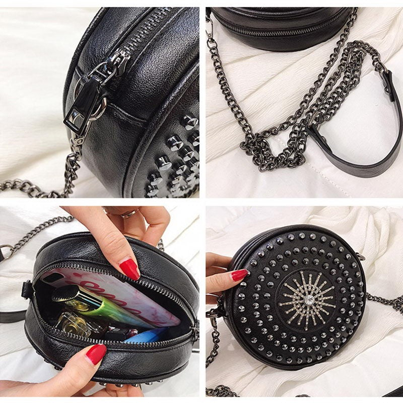Stylish women's round bag with rivets, adjustable strap, and diamond decor in rock style.