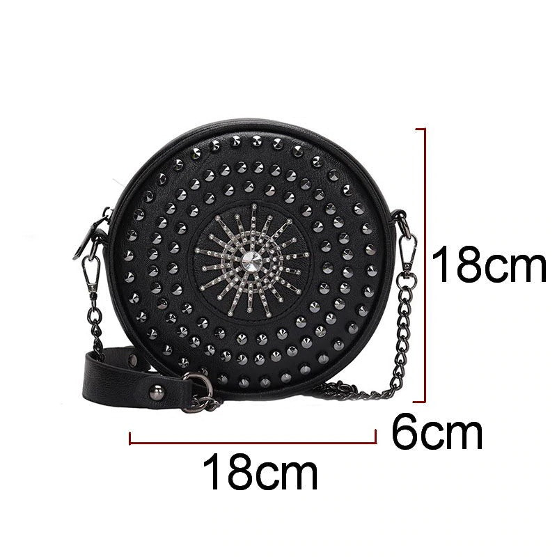 Round black bag with diamond studs, adjustable chain strap, Gothic style, dimensions 18cm x 18cm x 6cm.