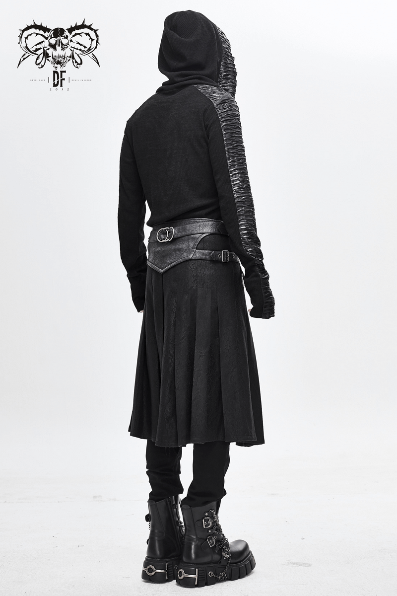 Dieselpunk Asymmetric Black Skirt Kilt / Men's Kilt Skirt With Buckled Leather Straps & Metal Rings - HARD'N'HEAVY