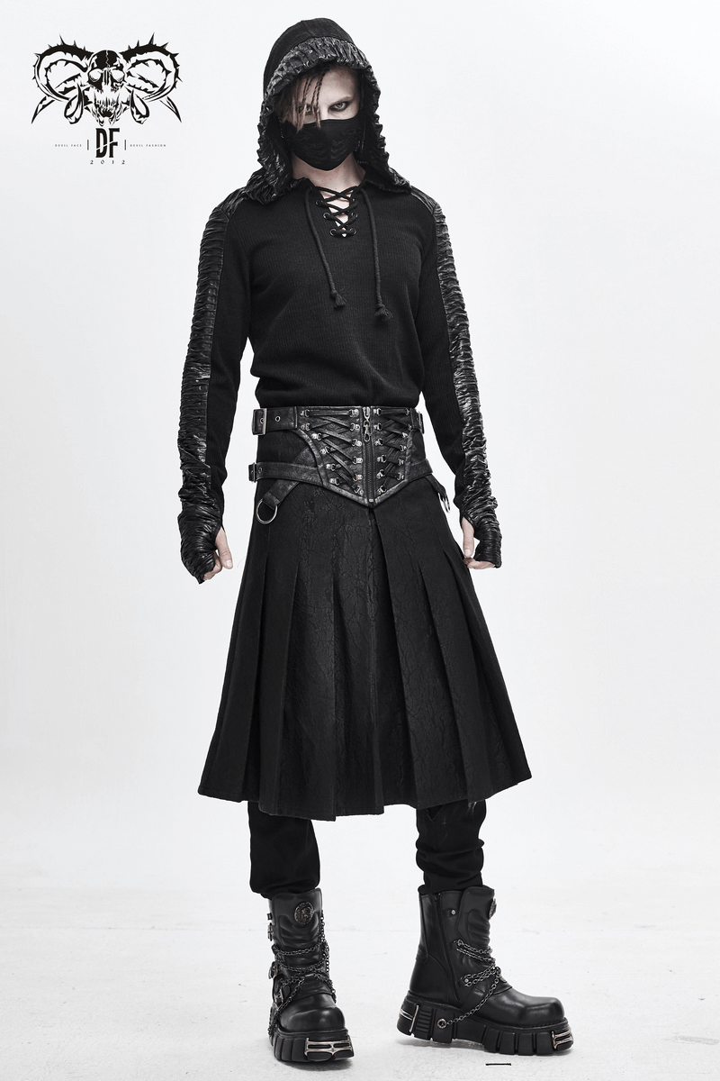 Dieselpunk Asymmetric Black Skirt Kilt / Men's Kilt Skirt With Buckled Leather Straps & Metal Rings - HARD'N'HEAVY