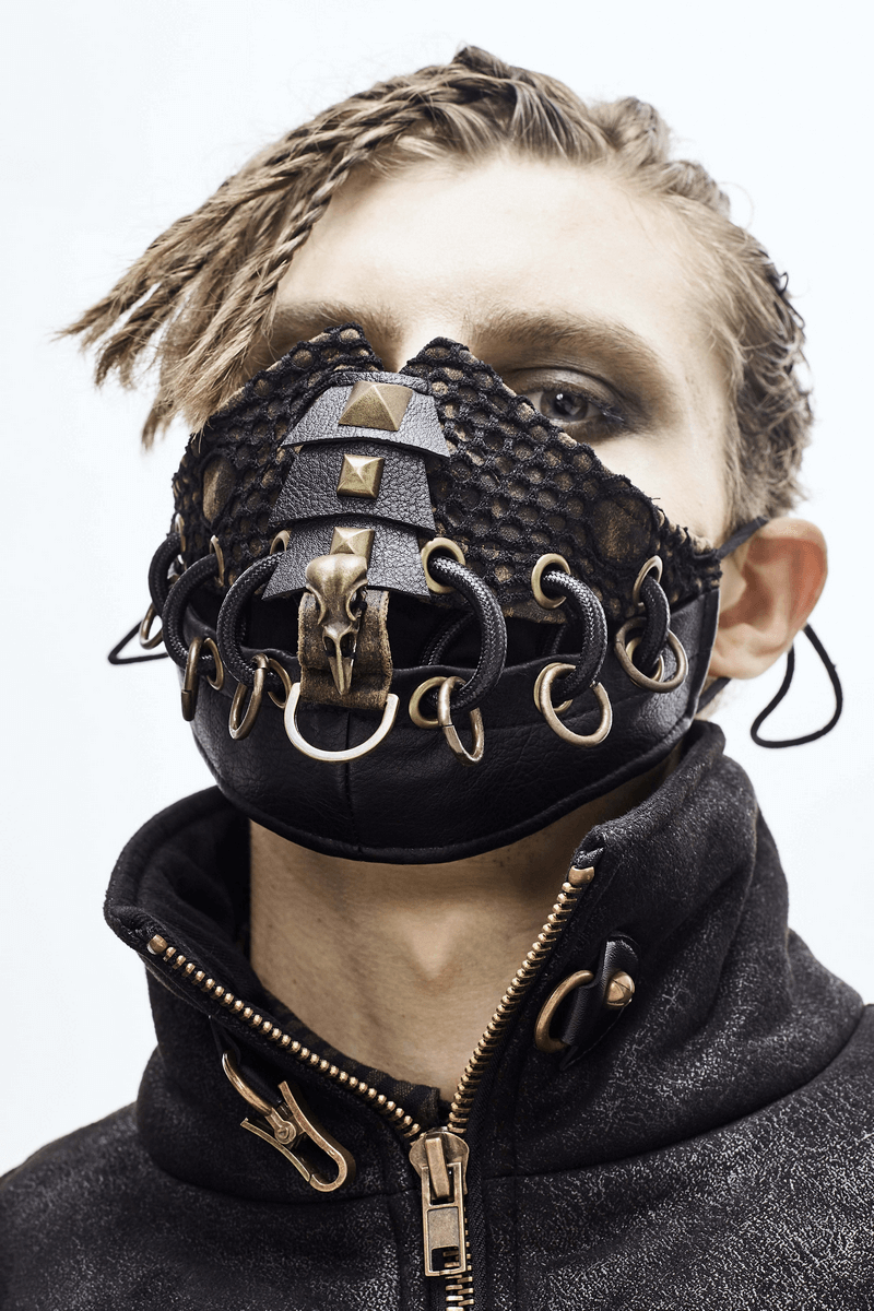 Dieselpunk Face Mask with Decorative Raven Skull / Pu Leather Mask with Copper Studs - HARD'N'HEAVY