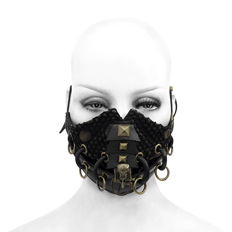 Dieselpunk Face Mask with Decorative Raven Skull / Pu Leather Mask with Copper Studs - HARD'N'HEAVY