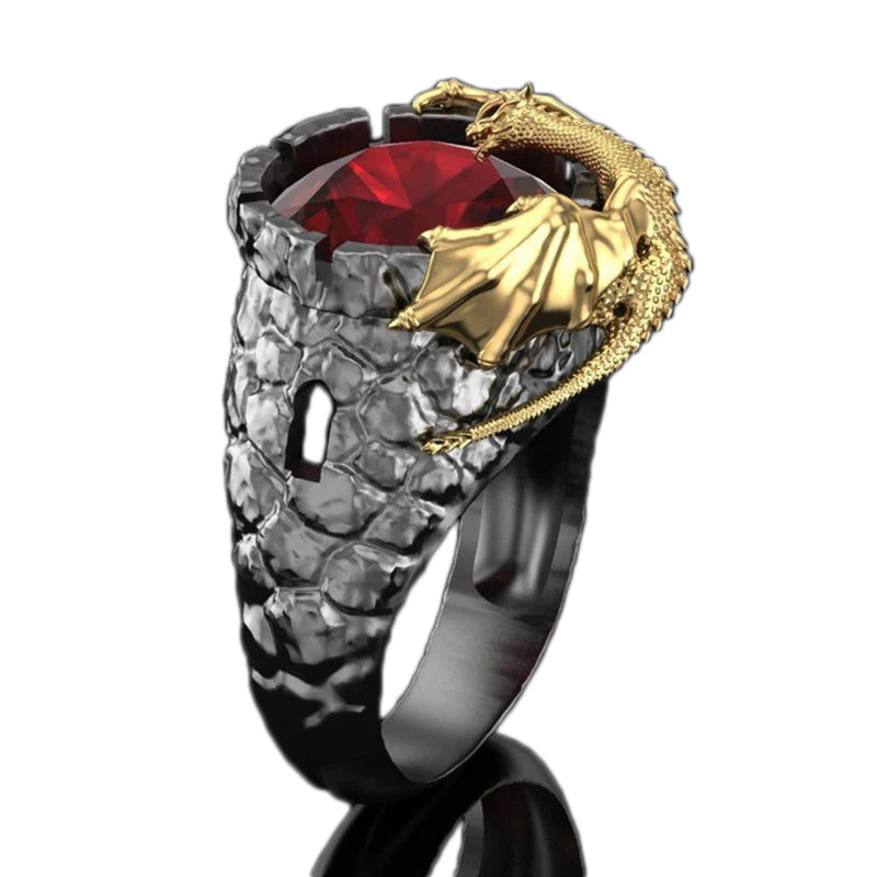 Domineering dragon ring featuring red gem, punk style, unisex zinc alloy design for rock and goth fashion.