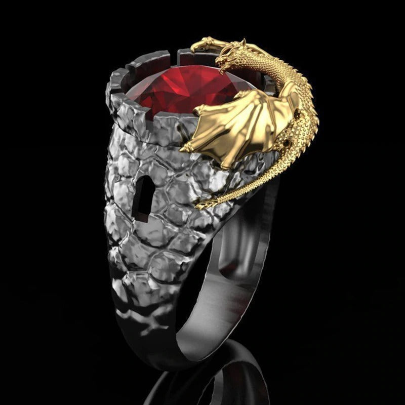 Unisex zinc alloy Domineering Dragon Ring with a red gemstone, perfect for rock or goth fashion lovers.