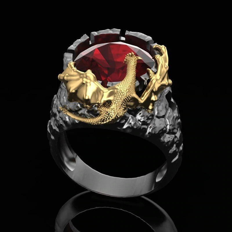 Domineering Dragon Ring with red gem, unisex punk style jewelry for rock and goth fans.