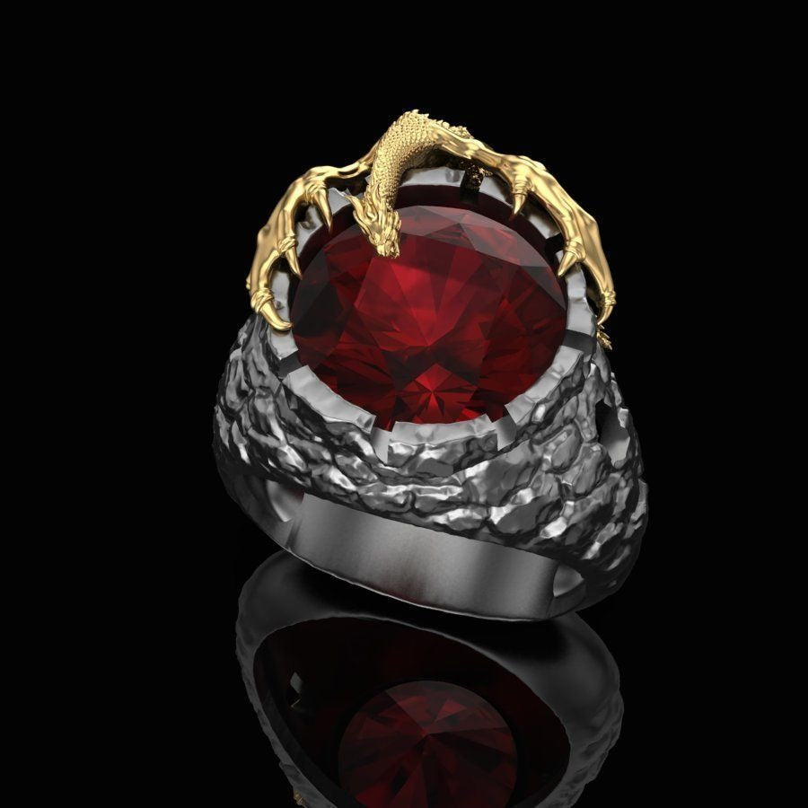 Domineering dragon ring with red gemstone and gold dragon claws, perfect for edgy rock and goth fashion.