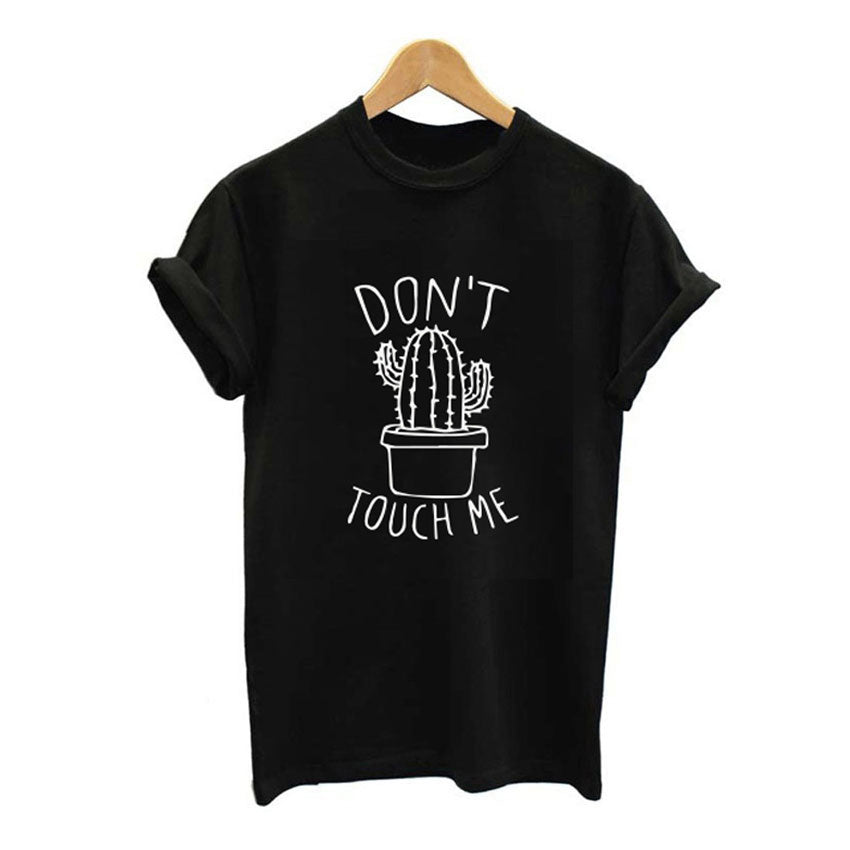 Black rock style T-shirt featuring 'DON'T TOUCH ME' text and cactus design, perfect for a bold women's look.